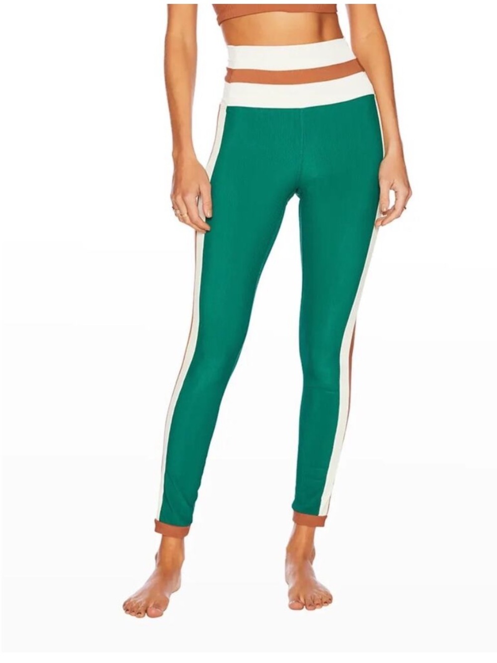 Beach Riot Sport Green Ribbed Colorblock High Waist Leggings Womens Large USA